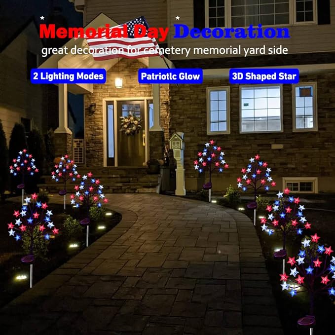 2 Packs Solar 4th of July Decorations Star Stake Lights, Waterproof Outdoor Red White and Blue Star Lights, 20LEDs with 3D Shaped Crystal Star Lights for Yard Garden Pathway Decorations
