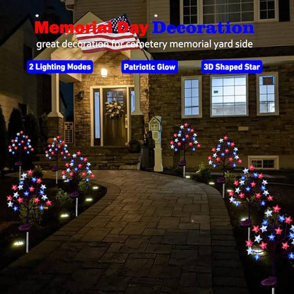2 Packs Solar 4th of July Decorations Star Stake Lights, Waterproof Outdoor Red White and Blue Star Lights, 20LEDs with 3D Shaped Crystal Star Lights for Yard Garden Pathway Decorations