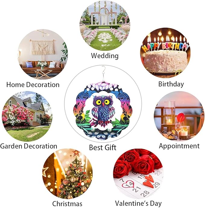Owl Wind Spinner, 3D Kinetic Art with Sparkling Glitter, 12 Inch Multi-Layer Stainless Steel Garden Decor, Weatherproof Yard Spinner for Patio, Porch, Indoor Holiday Decoration