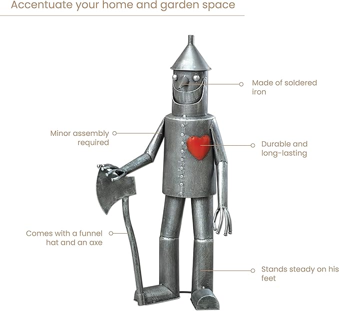 Bits and Pieces - 30.5” Tall Tin Woodsman with a Heart Garden Statue - Yard Decorations - Outdoor Sculptures - Garden Decor - Tin Man Yard Art