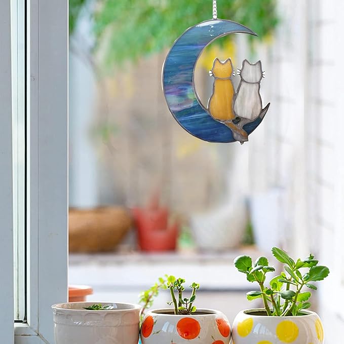 Blue Moon Cat Window Decoration Hanging, Alloy Stained Painting, Acrylic Moon Wall Decor for Courtyard, Gift for Pet Animal Enthusiasts