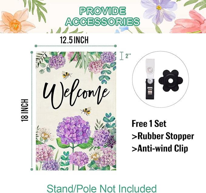 Baccessor Spring Hydrangea Garden Flag Double Sided 12x18 Inch, Summer Purple Flower Floral Welcome Small Yard Flag Burlap Seasonal Farmhouse Yard Outdoor Decoration