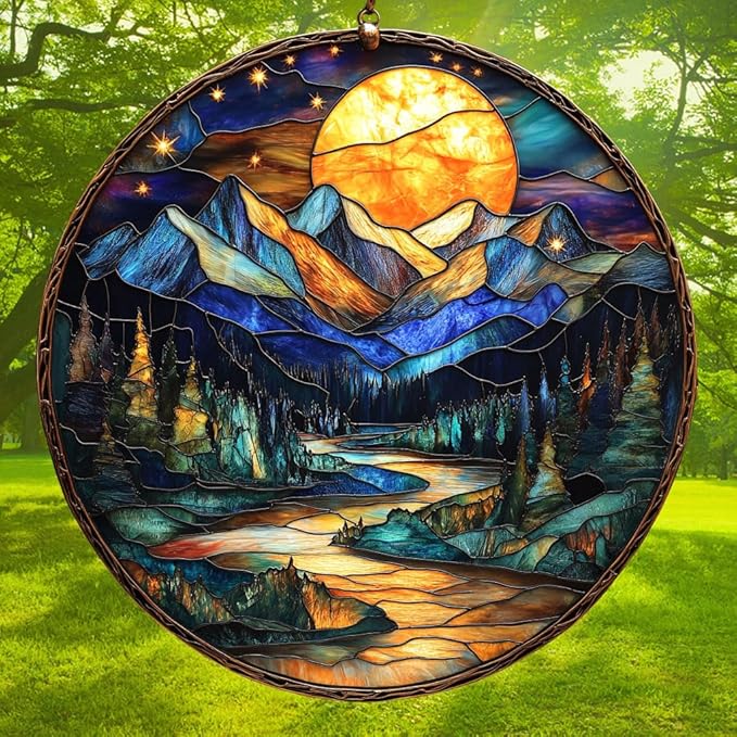 Moutain Range Acrylic Suncatcher Stained Glass Effect Window Car Hanging Christmas Ornament Indoor Outdoor Decor Garden Sun Catcher Panel for Scenery Lover for Women Mom Grandma