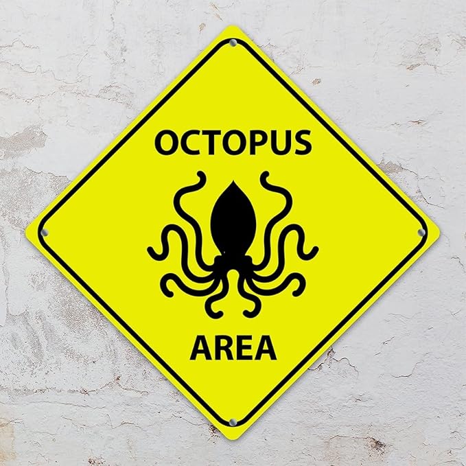 Caution Octopus Crossing XING Tin Sign Octopus Area Warning Street Sign Ocean Animal Novelty Caution Road Sign for Outdoor Home Driveway Garden Yard Park 12x12in