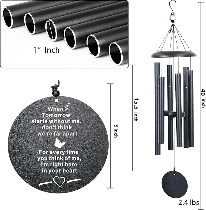 The Wind Chime CO Memorial Wind Chimes, 40" Inch Sympathy Wind Chimes Gift for The Loss of A Loved one, Home Decor Outdoor Garden, Soothing Melodic Tones (Black #1)