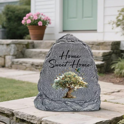 Garden Stone Sculpture with Tree of Life Butterfly, Solar Resin Outdoor Sculpture, Suitable As Tomb Decoration for Garden, Lawn, Cemetery, Memorial Gift, Home Decoration