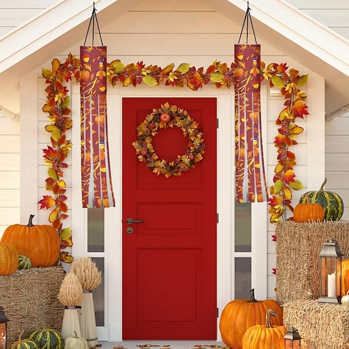 Fall Turkey Pumpkin Maple Leaf Windsock Flag Durable Lightweight Machine Washable Wind Sock with Tails Thanksgiving Patio Lawn Garden Tree Party Decoration