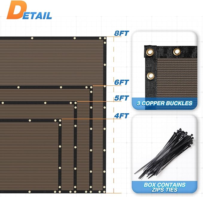 TANG Fence Privacy Screen Brown 8 Feet x 100 Feet Outdoor Shade Cloth with Grommets, 150 GSM Temporary Fence Cover with Zipties Mesh Netting Fences Blockage for Backyard Garden Patio Chain Link
