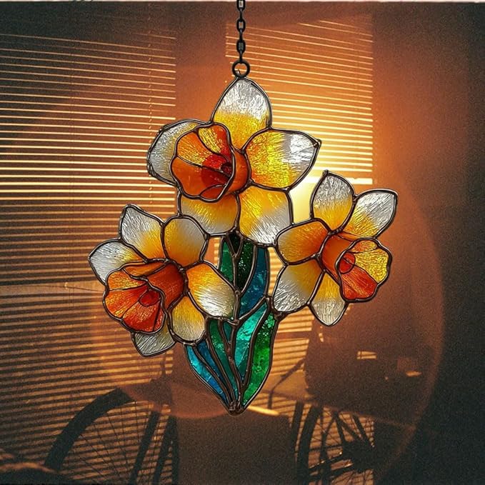 Daffodil Faux Mosaic Style Acrylic Suncatcher Stained Glass Effect Window Car Hanging Christmas Ornament Indoor Outdoor Decor Garden Sun Catcher Panel for Floral Lover for Women Mom Grandma