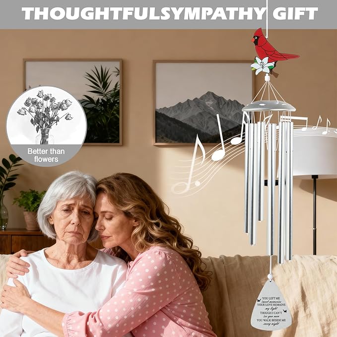 Cardinal Bird Sympathy Wind Chimes, Memorial Wind Chimes for Loss of Loved One Prime, Bereavement/Sympathy/Memorial Gift for Loss of Mother Father Husband Condolence (Silvery)