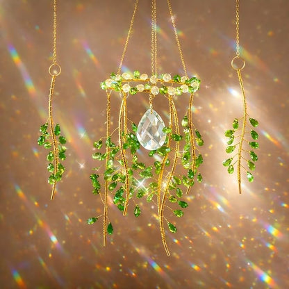 3 Pcs Crystal Suncatchers for Window Boho Decor, Green Plants Artificial Hanging Wind Chime Sun Catchers with Chain Rainbow for Indoor OutdoorDecor Plant Lover Gift (Green)