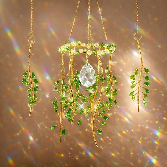 3 Pcs Crystal Suncatchers for Window Boho Decor, Green Plants Artificial Hanging Wind Chime Sun Catchers with Chain Rainbow for Indoor OutdoorDecor Plant Lover Gift (Green)