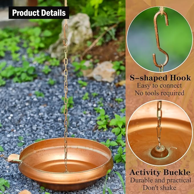 Rain Chain Anchoring Basin, Hand Hammered Bowl for Rain Chain Downspout Gutters, Rain Chain Anchor with S-Hook, Heavy Duty Metal Rain Chain Basin of Chain Display for Outdoor, 12.9" Diameter, 4" High