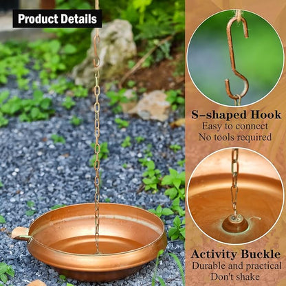 Rain Chain Anchoring Basin, Hand Hammered Bowl for Rain Chain Downspout Gutters, Rain Chain Anchor with S-Hook, Heavy Duty Metal Rain Chain Basin of Chain Display for Outdoor, 12.9" Diameter, 4" High