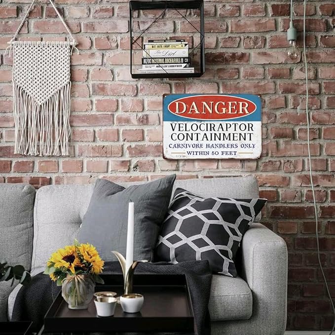 Danger Velociraptor Containment Warning Sign Dinosaur Park Movie Memorabilia Decor Indoor/Outdoor Home Bar Coffee Kitchen Wall Decor 8x12inch