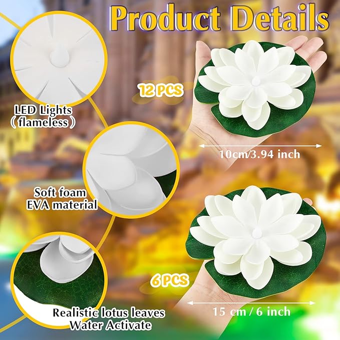 Hortsun 12 Pcs Floating Lotus Lights with Batteries Lily Pads Pool Flowers Floating Candles Decor Artificial Pond Plants Decorations for Pool Pond Outdoor Indoor (White,3.94/5.91 Inch)
