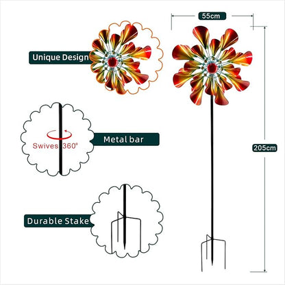 Outdoor Wind Spinner with Garden Stake 88.58" Metal Two-Way Wind Sculptures Solar Color Changing Lights Large Windmills for Garden,Patio,Yard,Lawn Decor Gifts Trumpet