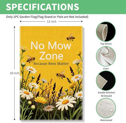 Perfectinsoy No Mow Zone Because Bees Matter Garden Flag, No Mow Sign, Pollinator Garden Sign, Welcome Yard Backyard Porch Patio Lawn Farmhouse Bee Spring Outdoors Decor, Bee Lover Gifts for Gardeners