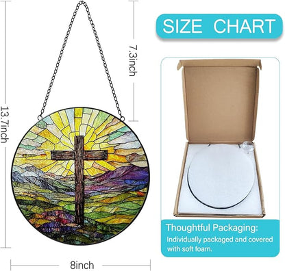 Stained Glass Cross Mountains Suncatcher, 8 Inch Christian Stained Glass Window Hanging, Religious Sun Catchers Indoor Window, Nature Landscape Ornaments Home Garden Decor Easter Faith Christian Gift