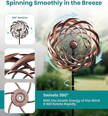 360° Copper Garden Wind Spinners Outdoor for Yard & Garden – W13xH63 Copper Metal Kinetic Sculpture Inspired by Bronze Sundial – Elegant Outdoor Decor