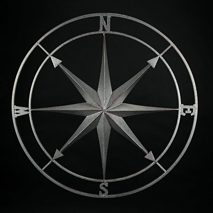 Zeckos Weathered Silver Finish Metal Nautical Compass Rose Wall Décor Hanging - Large 26 Inch Diameter Maritime Art Piece for Timeless Coastal Charm - Easy To Hang
