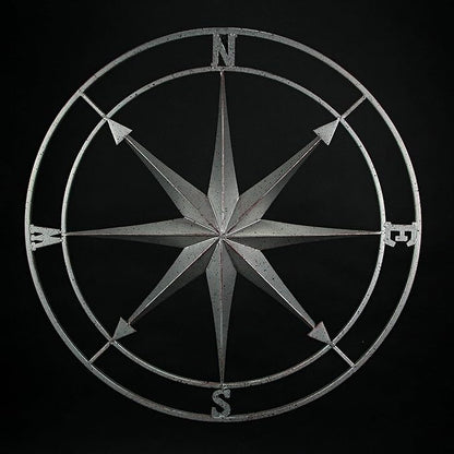 Zeckos Weathered Silver Finish Metal Nautical Compass Rose Wall Décor Hanging - Large 26 Inch Diameter Maritime Art Piece for Timeless Coastal Charm - Easy To Hang