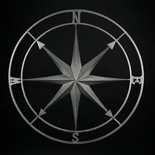 Zeckos Weathered Silver Finish Metal Nautical Compass Rose Wall Décor Hanging - Large 26 Inch Diameter Maritime Art Piece for Timeless Coastal Charm - Easy To Hang