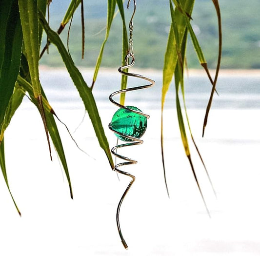 Metal Spiral Wind Spinner – Green Outdoor Spinner Ball with Tail, 3D Hanging Yard & Garden Décor