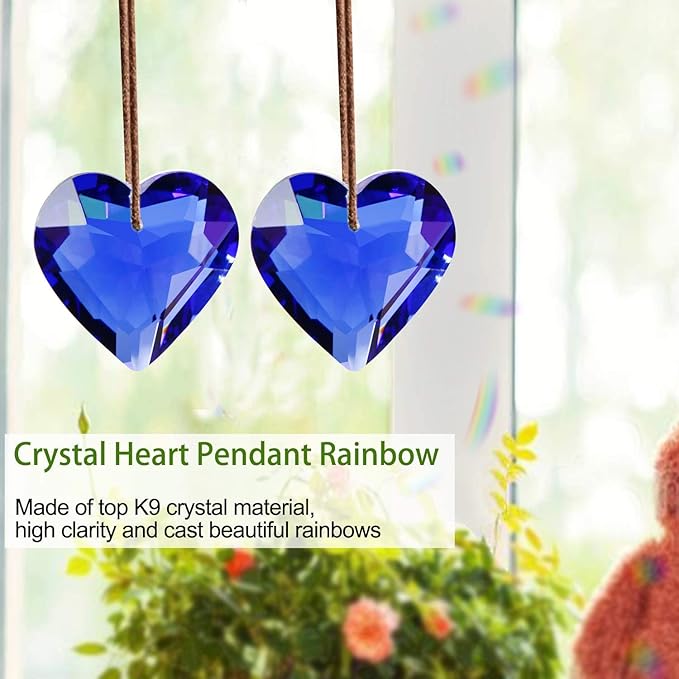 Together-life 2 Pack Heart Crystal Ball Prism Pendant, Clear Glass Crystal Suncatcher Rainbow Maker for Window, Indoor Outdoor Garden Hanging Décor(Blue)