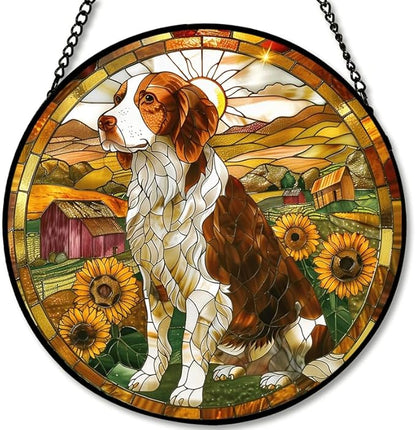 Stained Glass Window Hanging - Farm Dog & Sunflower Field 7.8in Sun Catchers Indoor Stained Glass Panels Wall Decor for Mom, Wife, Lovers, Festive