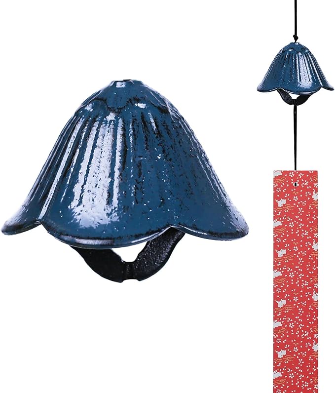 Japanese Wind Chime Cast-Iron Outdoor Ornament for Garden, Patio & Balcony, Hanging Metal Wind-Bell Decoration Gift, Blessing Pendant Windchimes & PVC Wind-Catcher, Bellflower