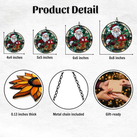 Santa Claus and Presents Acrylic Suncatcher Stained Glass Effect Window Car Hanging Christmas Ornament Indoor Outdoor Decor Garden Sun Catcher Panel for Christmas Lover for Women Mom Grandma