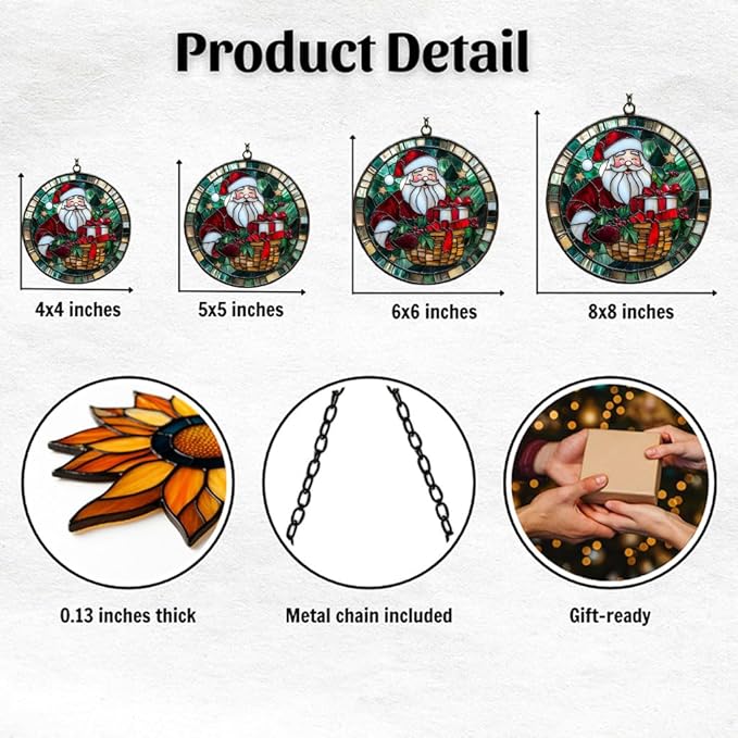 Santa Claus and Presents Acrylic Suncatcher Stained Glass Effect Window Car Hanging Christmas Ornament Indoor Outdoor Decor Garden Sun Catcher Panel for Christmas Lover for Women Mom Grandma