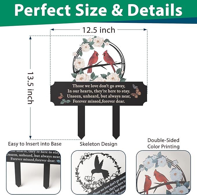Cemetery Decorations for Grave, Grave Markers for Cemetery for Humans with Cardinal & Memorial Flowers Decor, Metal Memorial Plaques for Outdoors, Gravesite Decorations as Sympathy Gifts