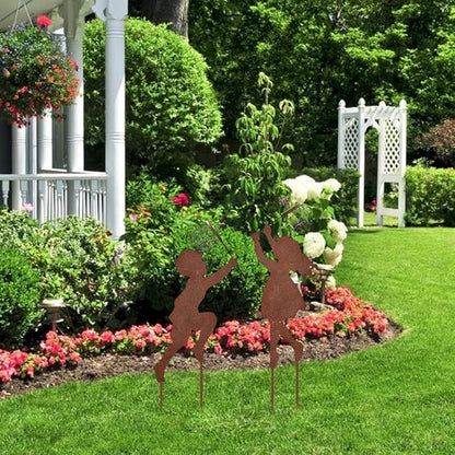 Garden Stakes,2 Pcs Boy and Girl Catching Butterflies Iron Garden Stakes Outdoor Patio Decor Artistic Yard Decorations Silhouette Yard Stakes for Farmhouse Garden and Outdoor