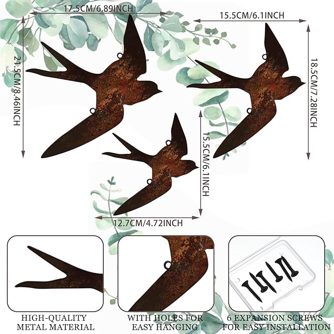 Kathfly 3 Pcs Rusty Metal Birds Outdoor Garden Art Farmhouse Rustic Bird Wall Ornaments Decor Vintage Metal Statue Wall Art for Fence Yard Decoration Outdoor and Garden 8.27", 7.09", 5.91"