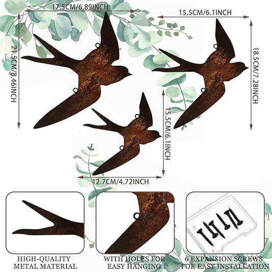 Kathfly 3 Pcs Rusty Metal Birds Outdoor Garden Art Farmhouse Rustic Bird Wall Ornaments Decor Vintage Metal Statue Wall Art for Fence Yard Decoration Outdoor and Garden 8.27", 7.09", 5.91"