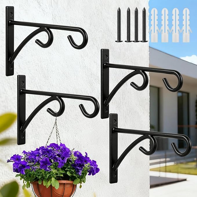 4 Pack Black Vinyl Fence Hooks, 8 Inches Strong Load-Bearing Wall Hanging Plant Bracket Outdoor Indoor, Fence Hangers for Hanging Flower Baskets, Wind Chimes, Bird Feeders, Lanterns & Lights