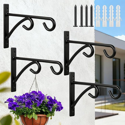 4 Pack Black Vinyl Fence Hooks, 8 Inches Strong Load-Bearing Wall Hanging Plant Bracket Outdoor Indoor, Fence Hangers for Hanging Flower Baskets, Wind Chimes, Bird Feeders, Lanterns & Lights