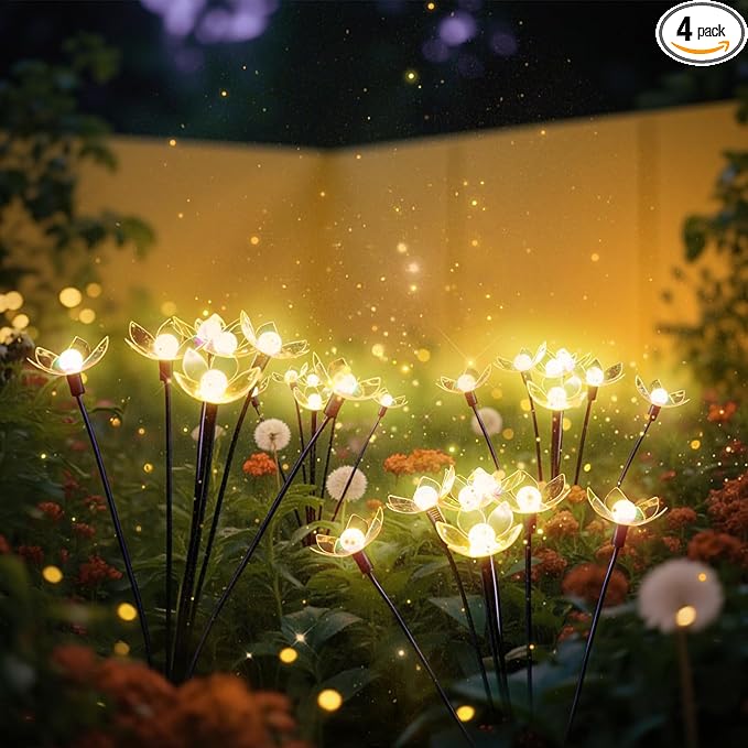 SRNPMIU Solar Lights Outdoor, Solar Firefly Swaying Light with Flower, Garden Decor Lights, IP65 Waterproof, 2 Lighting Modes, Yard Patio Pathway Decoration, Gifts for Women, Grandma (4Pack 24LED)