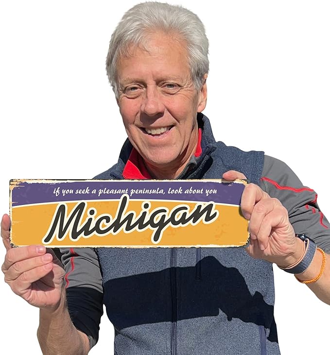 SmartSign 4 x 14 inch Michigan State Vintage Metal Sign “If You Seek A Pleasant Peninsula”, 40 mil Rustproof Aluminum with Clear Overcoat, Retro Wall Décor, Multicolor, Made in USA