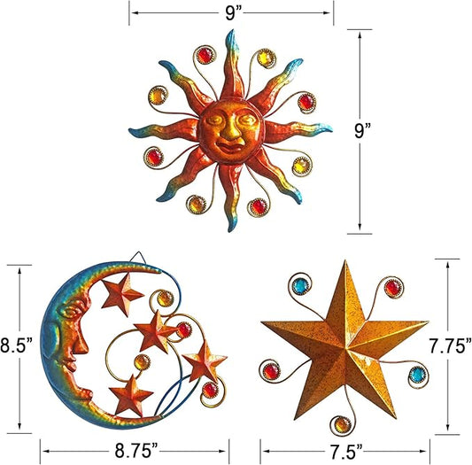 VividLadybug Celestial Wall Decoration Sculpture, Metal Wall Sculpture, Silhouette Wall Decoration, Metal Sun Moon Star Wall Art Sculpture Decoration, Set of 3