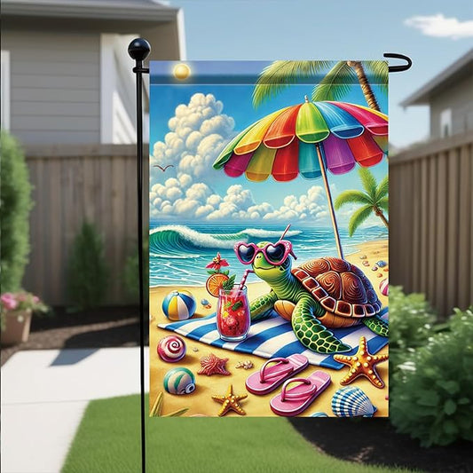 Summer Garden Flag 12x18 Inch Cute Sea Turtle Beach Umbrella Sunglasses Tropical Ocean Design Outdoor Yard Porch Lawn Patio for Seasonal Coastal Home Decor