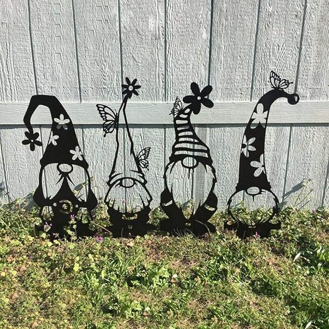 Headerbs Garden Silhouette Gnomes, Handmade Black Premium Iron Garden Metal Statues Standing Silhouette Decorations for Yard Metal Yard Art (A)