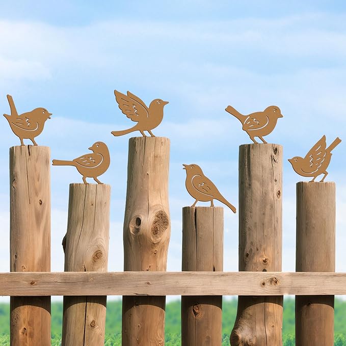 6PCS Rusty Metal Birds Decor, Outdoor Bird Wall Art Decor for Fence, Yard, and Patio, Metal Birds Craft Statue Ornaments, Bird Sculptures for Outdoor Garden Decoration Rustic Decoration
