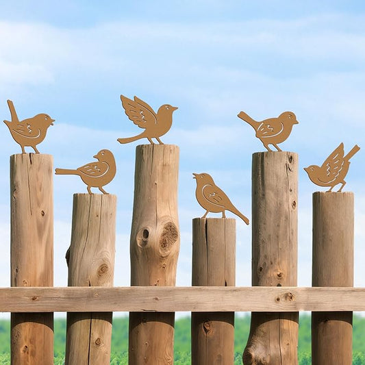 6PCS Rusty Metal Birds Decor, Outdoor Bird Wall Art Decor for Fence, Yard, and Patio, Metal Birds Craft Statue Ornaments, Bird Sculptures for Outdoor Garden Decoration Rustic Decoration