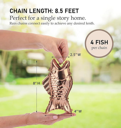 Good Directions 487P-8 Fish Rain Chain - 8.5 ft., with 4 Large Figures, Large Cups 100% Pure Copper
