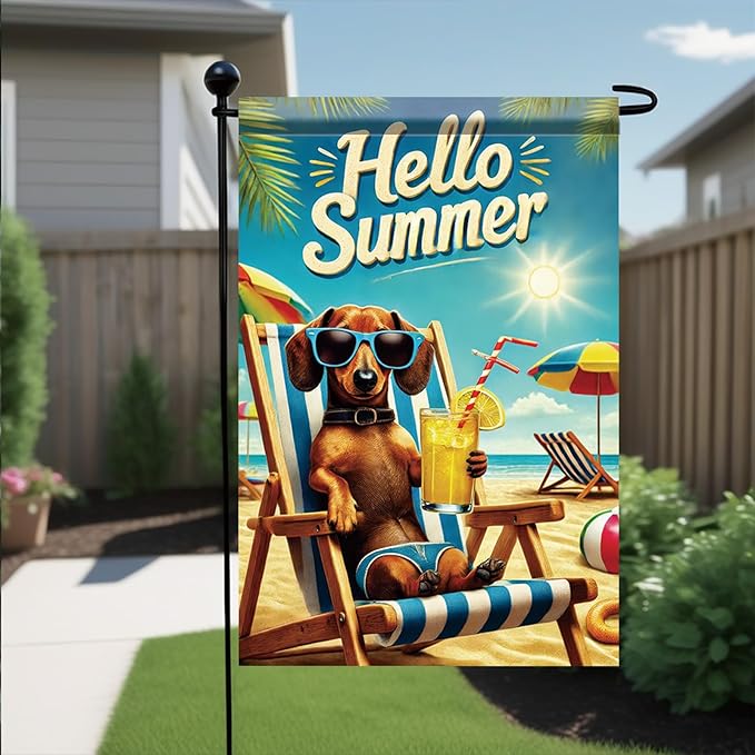 Summer Garden Flag 12x18 Inch Funny Dog Hello Summer Beach Chair Sunglasses Tropical Vacation Design Outdoor Yard Porch Lawn Patio for Seasonal Coastal Home Decor