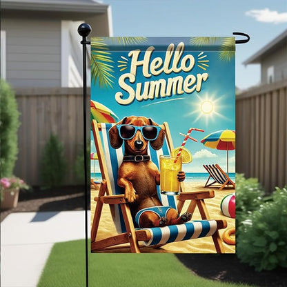Summer Garden Flag 12x18 Inch Funny Dog Hello Summer Beach Chair Sunglasses Tropical Vacation Design Outdoor Yard Porch Lawn Patio for Seasonal Coastal Home Decor