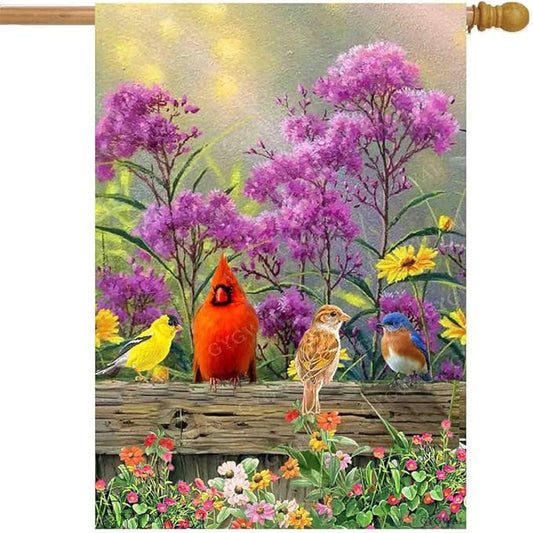 Cardinal House Flag Welcome Spring Double Sided Large Burlap Yard Flags for Outside Seasonal Decoration 28x40 Inch